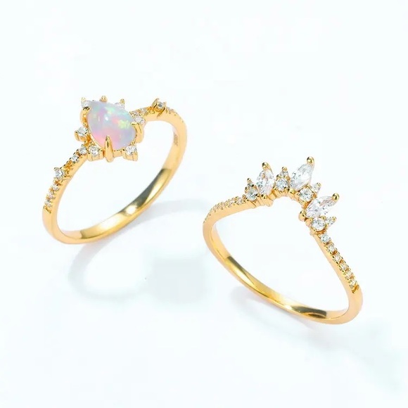 925 Sterling Silver Opal Stacking Gold Plated Ring, Engagement Ring - Picture 5 of 5